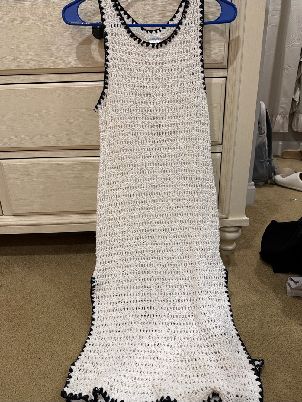 Time and Tru White Crochet Maxi Dress with Black Trim